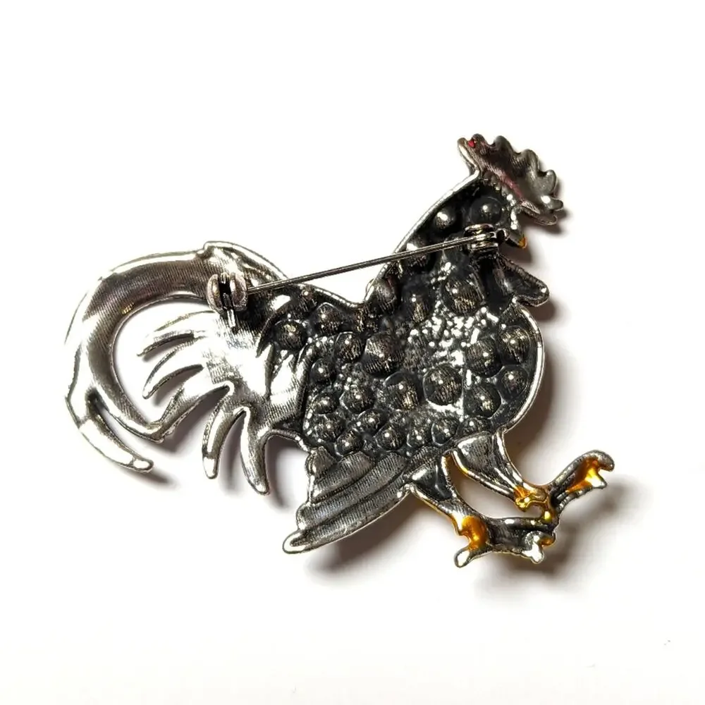 Vintage Silver Tone Red Rhinestone Purple Enameled Figural Rooster Brooch